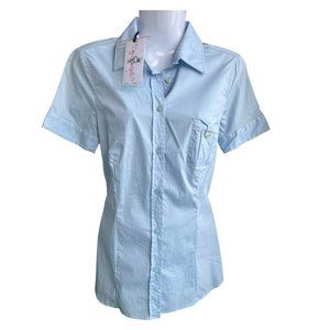 PATRIZIA PEPE top sky blue button-up short sleeve collared cotton blend size S